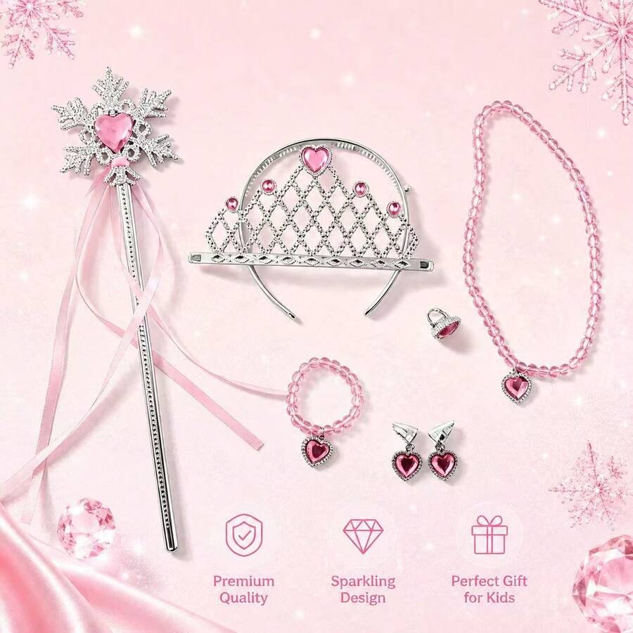 Bộ phụ kiện công chúa trái tim màu hồng 6 món, bao gồm vương miện, đũa phép, vòng cổ, vòng tay, nhẫn, bông tai, trang sức hóa trang dự tiệc cho trẻ em, quà tặng ngày lễ và sinh nhật. - Hồng - Xem 1