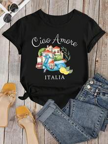 1 pieza de recuerdo de viaje italiano, camiseta con estampado de letras italianas, 180g, 100% algodón - Blanco - Ver 9