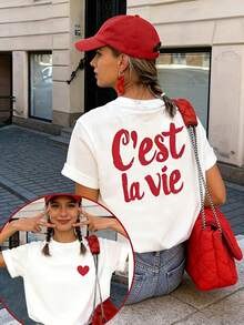100% T-Shirt, Casual Short-Sleeved Top, Printed With An Artistic "C'est La Vie" Design In French-Style Red, Machine Washable, Suitable For Casual Wear And As A Fashionable T-Shirt, Made Of Comfortable Materials, Specially Designed For Fashion Lovers. - 黑色2 - 查看 2