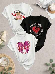 Conjunto de3Three styles camiseta de mujer a 2026, camiseta para parejas, conjunto de camisetas para parejas, camisetas en blanco y negro, adecuadas para uso diario y de fin de semana, estampado moderno, lavables a máquina, ropa de primavera y verano, diseño de corazón, cómodas y transpirables, ropa para actividades al aire libre. - Blanco - Ver 1