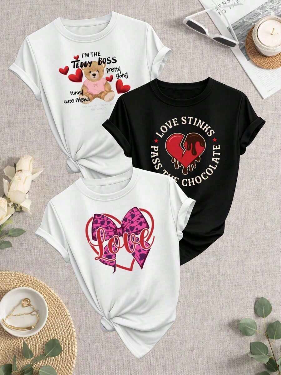 Conjunto de3Three styles camiseta de mujer a 2026, camiseta para parejas, conjunto de camisetas para parejas, camisetas en blanco y negro, adecuadas para uso diario y de fin de semana, estampado moderno, lavables a máquina, ropa de primavera y verano, diseño de corazón, cómodas y transpirables, ropa para actividades al aire libre. - Blanco - Ver 1
