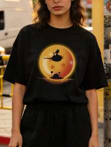 Ropa de Verano para Mujer, Camiseta de Algodón Suave Casual con Cuello Redondo, Estampado de Dibujos Animados. Negro. - Negro - Ver 1