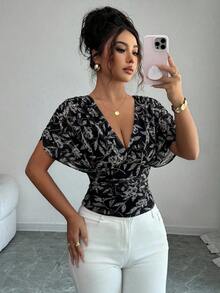 Blusa sexy con mangas de murciélago plisadas y ajustadas - Azul marino - Ver 10