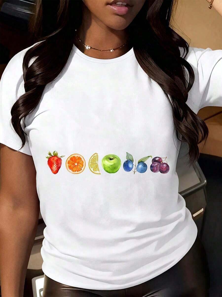 Casual Fruit Print T-Shirt, Women's Graphic Tee, Short Sleeve Casual Top, Summer Fashion, Fruit Print T-Shirt, 100% Cotton, Durable - 白色 - 查看 1
