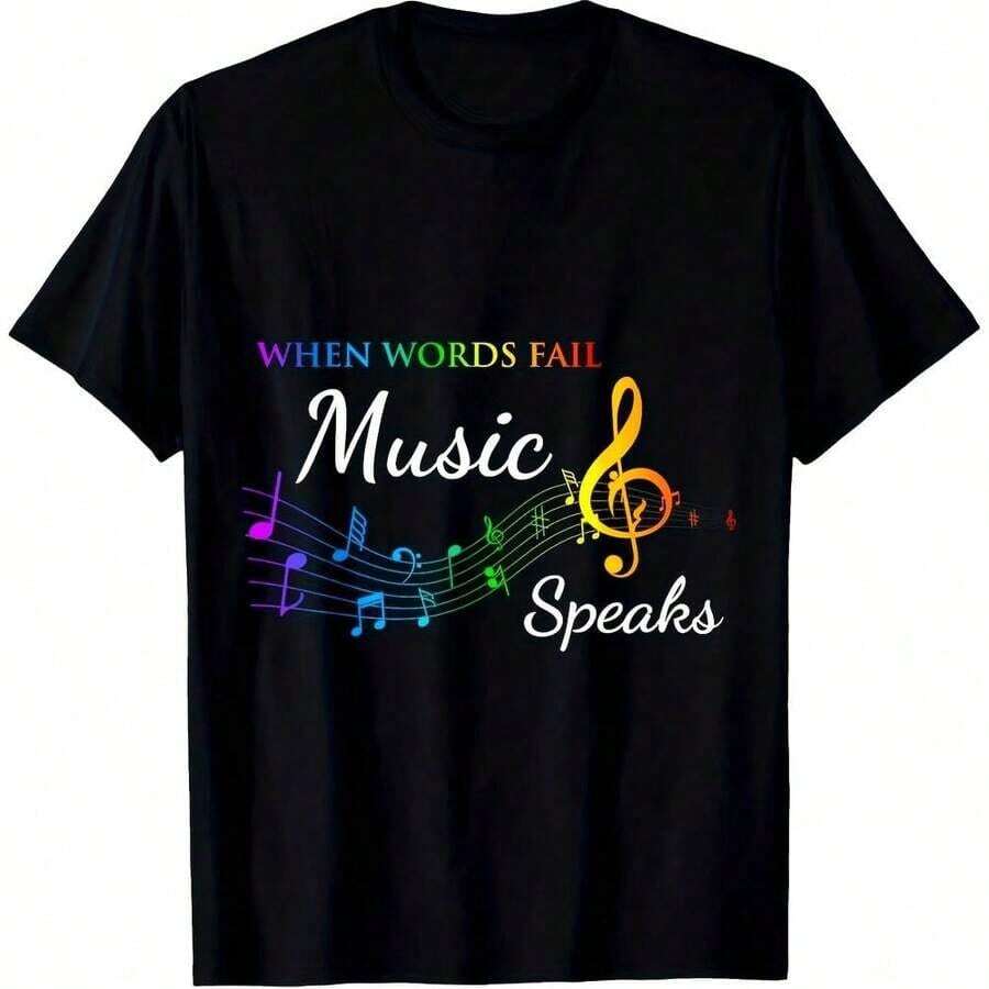 Music Lover T-Shirt – Graphic Tee Featuring The Phrase "When Words Fail, Music Speaks," With Musical Symbols And A Treble Clef. Short-Sleeve, Retro Crew Neck Tee With A Black Background And Colorful Musical Phrases, Perfect For Musicians And Music Enthusiasts. - 白色 - 查看 1