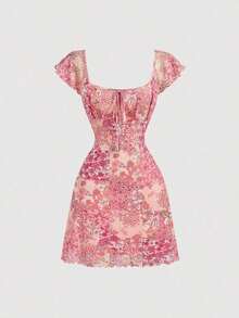 Vestido mini de flores para mujer, ideal para vacaciones de verano - Rosa 2 - Ver 4