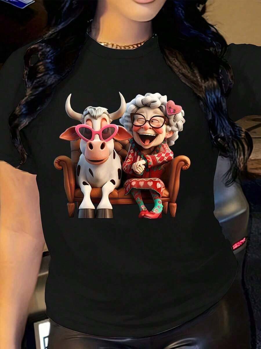 Women's Casual T-Shirt - Granny And Cow Print Design, 100% Breathable, Machine Washable, All-Season Comfort, Perfect Gift For Women, Comfortable T-Shirt, Fun Print T-Shirt, 100% Cotton Material, Durable - 黑色 - 查看 1