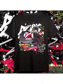 ZZZ Ellen Joe Unisex Anime T-Shirt - Black Graffiti Design T-Shirt, Bohemian Style, Crew Neck, Casual Adult Shirt, Comfortable For All Seasons, Y2k Anime T-Shirt - 黑色 - 查看 1
