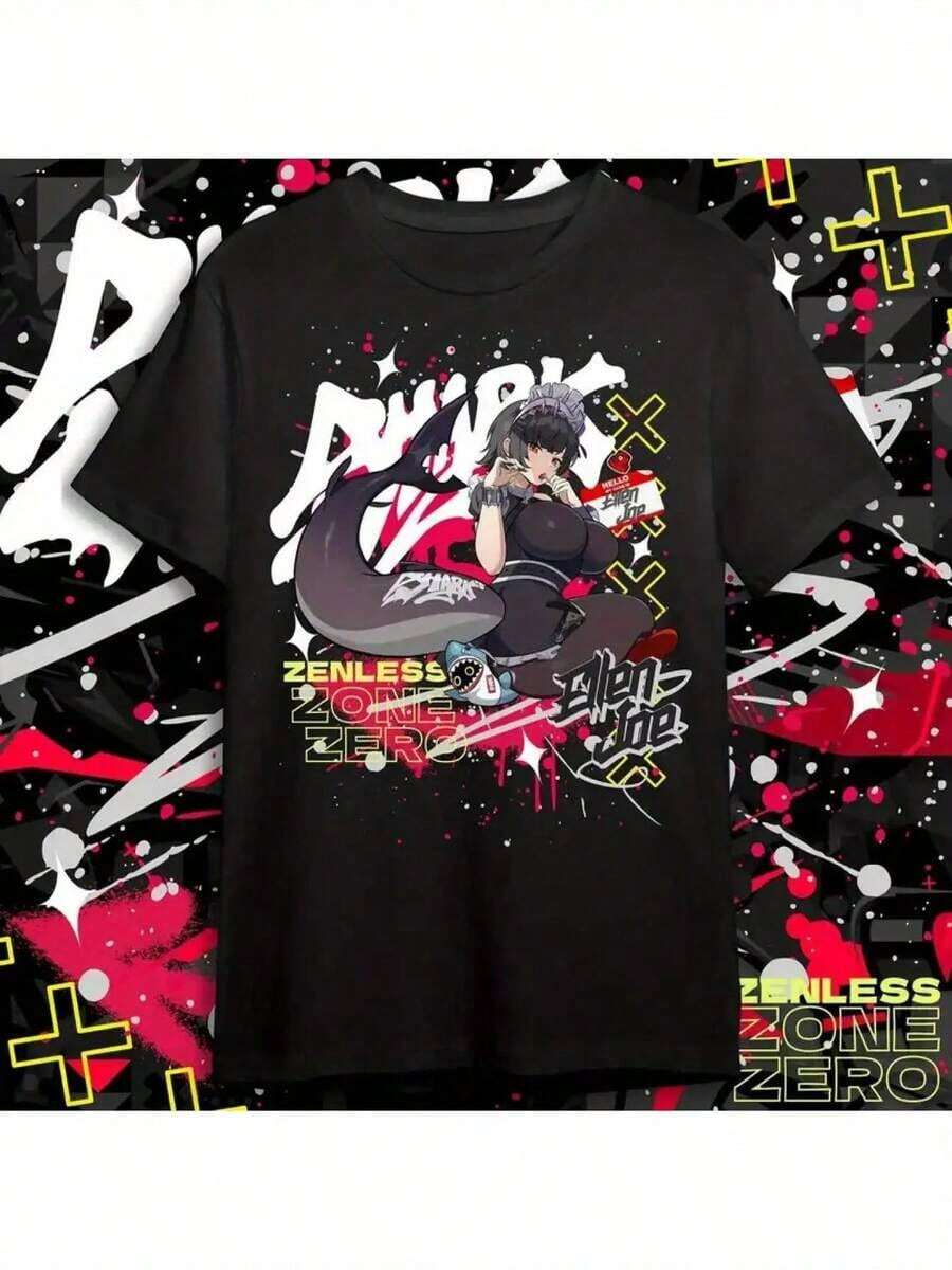 ZZZ Ellen Joe Unisex Anime T-Shirt - Black Graffiti Design T-Shirt, Bohemian Style, Crew Neck, Casual Adult Shirt, Comfortable For All Seasons, Y2k Anime T-Shirt - 黑色 - 查看 1