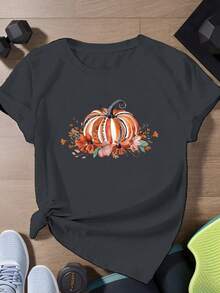 Camiseta deportiva de manga corta para mujer con ilustración de calabaza inspirada en la modauna camiseta estampada muy distintiva / estilo unisex / adecuada tanto para hombres como para mujeres / resistente a las arrugas / transpirable - Negro - Ver 7