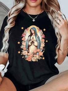 Loose-Fitting, Elegant Women's T-Shirt With A Floral Design And Religious Figure, Casual And Comfortable For Everyday Wear. Basic Crew Neck Cotton T-Shirt For Women - 黑色 - 查看 1