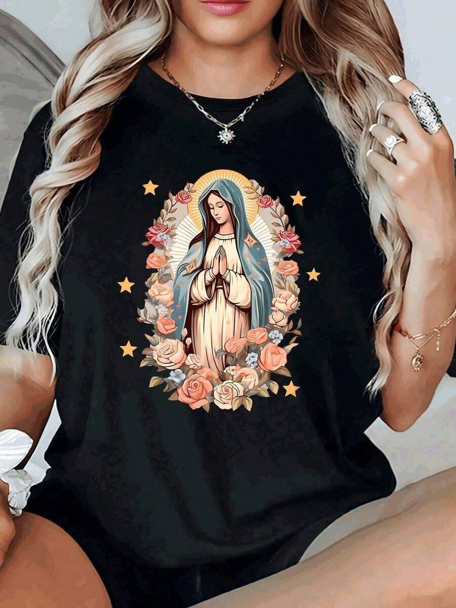 Loose-Fitting, Elegant Women's T-Shirt With A Floral Design And Religious Figure, Casual And Comfortable For Everyday Wear. Basic Crew Neck Cotton T-Shirt For Women - 黑色 - 查看 1