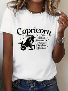 Women's Capricorn Zodiac Graphic T-Shirt - White Short Sleeve Crew Neck Astrology Inspired T-Shirt With Goat Symbol And Traits, Lightweight Casual Shirt For Everyday Spring Summer, Birthday Gift For Capricorn Women, Elegant Font Design, Machine Washable - 白色的 - 查看 1