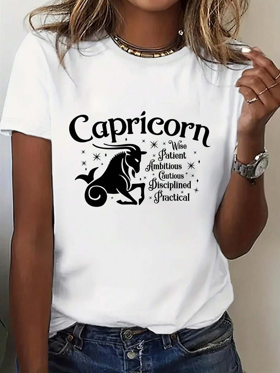 Women's Capricorn Zodiac Graphic T-Shirt - White Short Sleeve Crew Neck Astrology Inspired T-Shirt With Goat Symbol And Traits, Lightweight Casual Shirt For Everyday Spring Summer, Birthday Gift For Capricorn Women, Elegant Font Design, Machine Washable - 白色的 - 查看 1
