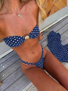 Nuevo traje de baño de dos piezas sin tirantes con cierre metálico y diseño de lunares blancos, ideal para resorts y aguas termales. - Conjunto de dos piezas marrón - Ver 9