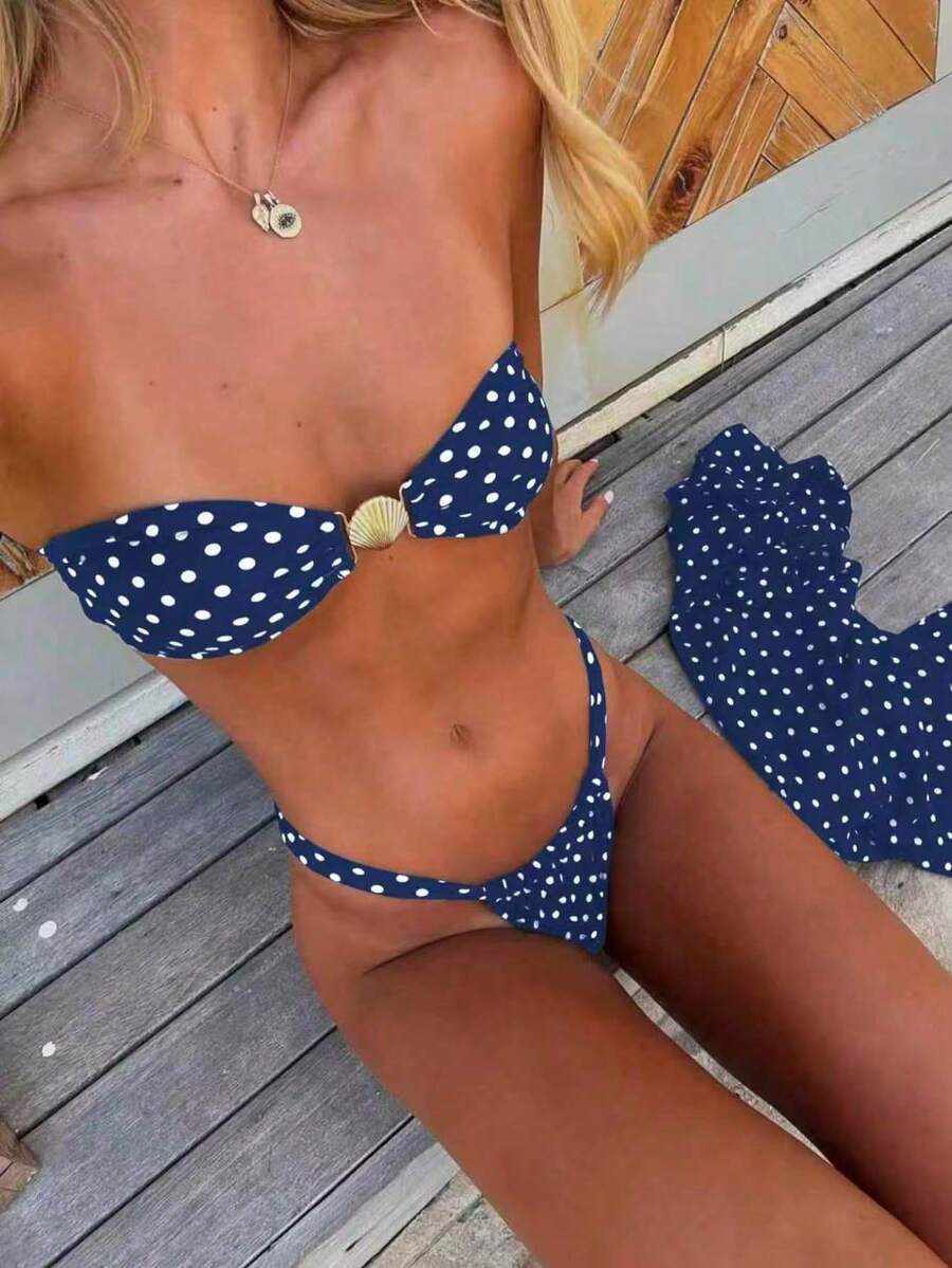 New Strapless Two-Piece Swimsuit With Metal Clasp And White Polka Dot Design, Ideal For Resorts And Hot Springs. - 藍色兩件套裝 - 查看 1