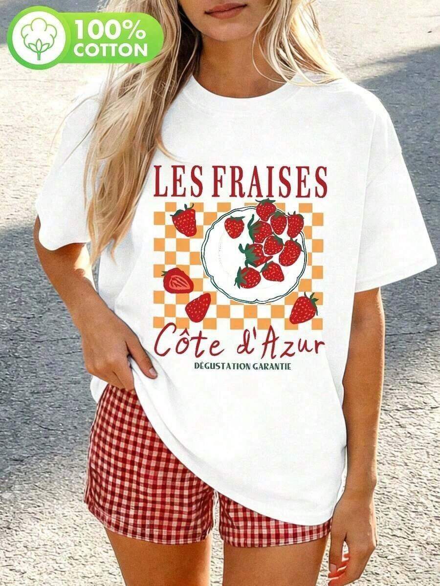 Vintage Summer T-Shirt With Strawberry Print For Women, 100% Pure Cotton T-Shirt With Strawberry Pattern, Women's Clothing Top Women's T-Shirts>Basic - 白色 - 查看 1