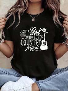 Vintage Just A Girl Who Loves Country Music. Women's Short-Sleeved T-Shirt, Crew Neck, Daisy Print, Guitar And Cowboy Hat, For Spring/Summer. Women's T-Shirt Top > Basic - 黑色 - 查看 1