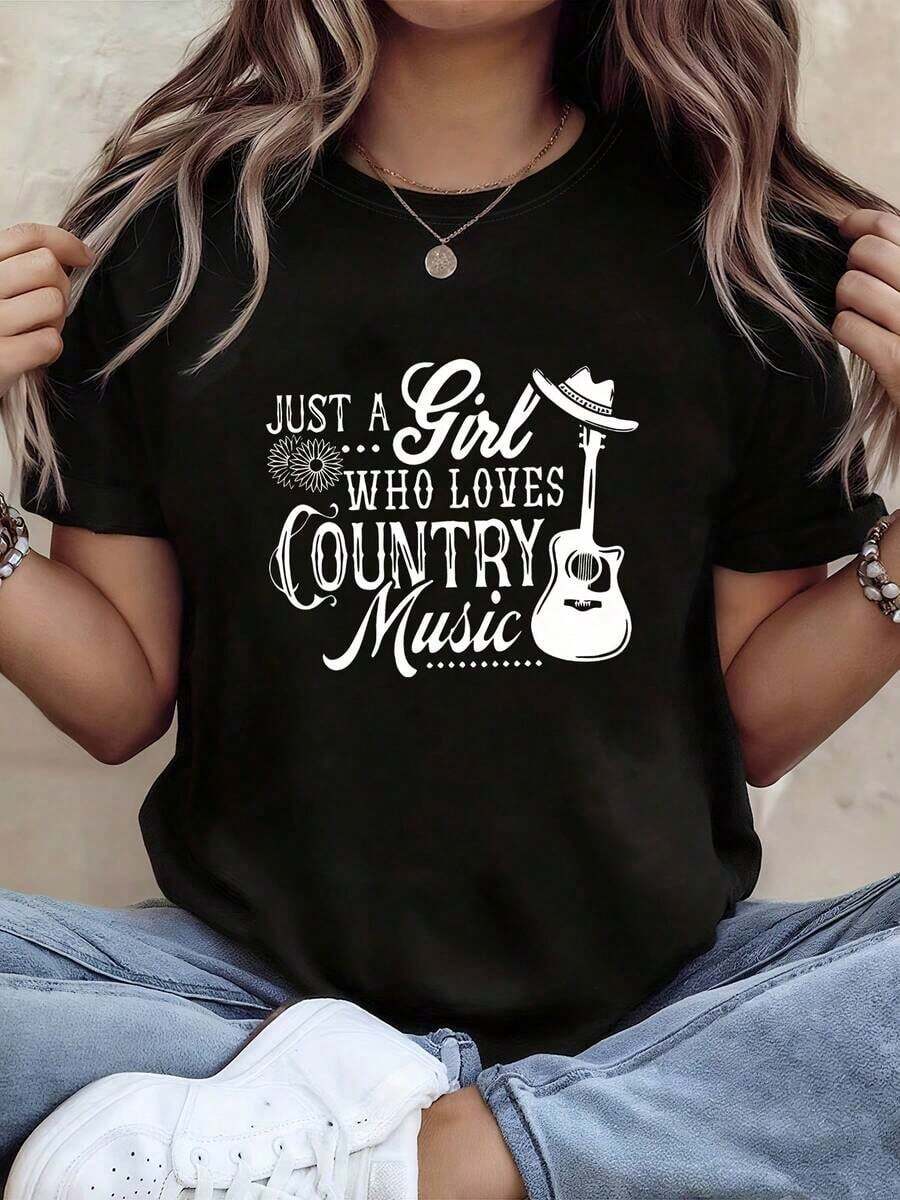 Vintage Just A Girl Who Loves Country Music. Women's Short-Sleeved T-Shirt, Crew Neck, Daisy Print, Guitar And Cowboy Hat, For Spring/Summer. Women's T-Shirt Top > Basic - 黑色 - 查看 1