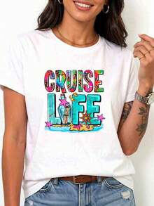 Women's White Short Sleeve T-Shirt With CRUISE LIFE Letter Print - Casual Summer Nautical Beach Top With Round Neck And Cruise Ship And CRUISE LIFE Print, Machine Washable Blouse For Vacation, Casual Wear And Cruise Clothing - 白色的 - 查看 1