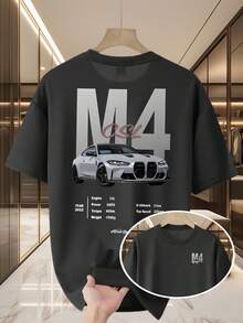 Men's Casual Summer T-Shirt, New Collection, Round Neck, Short Sleeve, Knit Fabric, Cool And Comfortable, Double-Sided "M10.16cm" Print On Front And Back, Ideal For Outdoor Activities, Printed Summer T-Shirt For Men - 黑色 - 查看 6