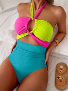 Traje de baño de una pieza con cuello cruzado y unicolor para mujer de playa de verano - Multicolor - Ver 3