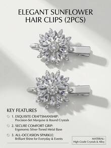 2pcs Crystal Flower Hair Clips, Sparkling Rhinestone Hair Clips Suitable For Weddings, Daily Wear, Elegant Crystal Flower Hair Clips, Crystal Hair Accessories Suitable For Brides, Galas And Parties - Silver - View 12