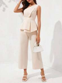 Conjunto de blusa sin mangas de un hombro y pantalones largos con cintura ajustable en unicolor elegante para mujer, ideal para verano - Albaricoque - Ver 9