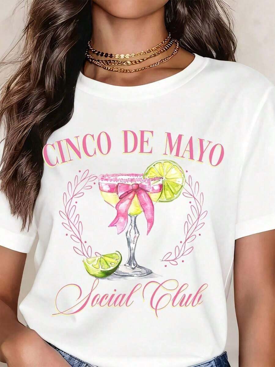 Women's Vintage Cinco De Mayo Cocktail T-Shirt With Lime And Bow, Casual, Crew Neck, Short Sleeve, Perfect As A Birthday Gift, Suitable For All Seasons, Graphic T-Shirt For Everyday Outdoor Wear - 白色 - 查看 1