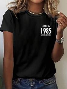 Camiseta de Mujer EDICIÓN LIMITADA 1985 - Estampado Número 1985, Manga Corta Cuello Redondo, Top Casual Retro Coleccionable para Verano y Primavera, Lavable a Máquina, Cómoda para Usar - Negro - Ver 1