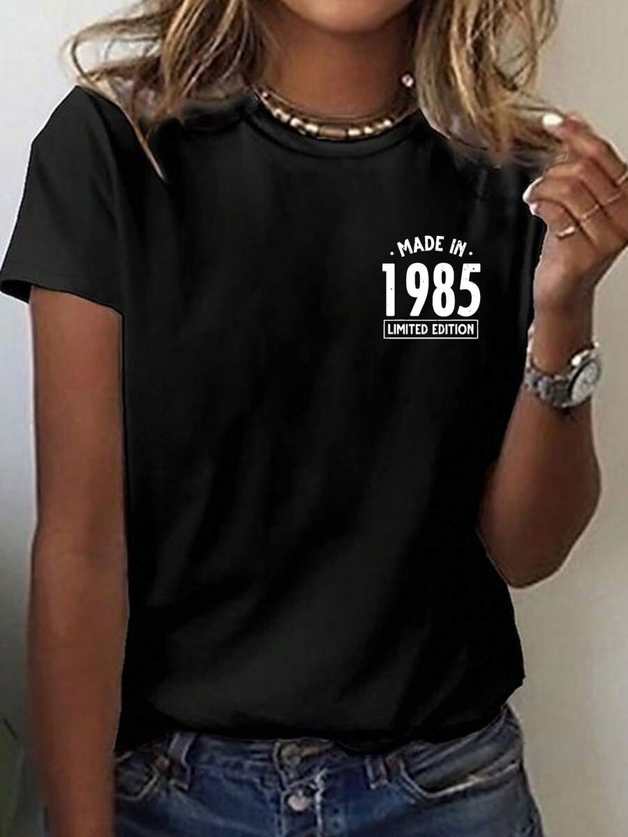 Camiseta de Mujer EDICIÓN LIMITADA 1985 - Estampado Número 1985, Manga Corta Cuello Redondo, Top Casual Retro Coleccionable para Verano y Primavera, Lavable a Máquina, Cómoda para Usar - Negro - Ver 1