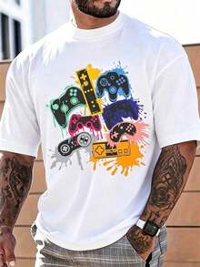 Camiseta de manga corta con gráfico de videojuego versátil y casual para hombres de talla grande - Blanco - Ver 6