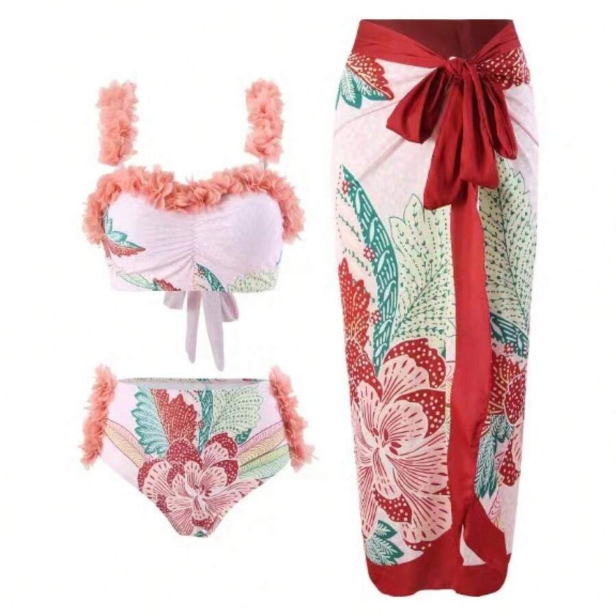 Women's One-Piece Swimsuit, Sexy Bikini With Long Lace-Up Skirt, Three-Piece Set. - Y15 Pink Suit - View 1