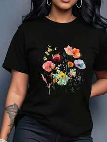 ropa de mujer  Short Sleeve T-Shirt With Floral Print For Casual Wear  camisas de mujer - Negro - Ver 1