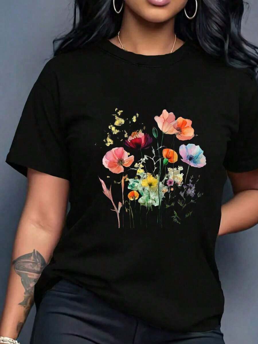 ropa de mujer Short Sleeve T-Shirt With Floral Print For Casual Wear camisas de mujer - Negro - Ver 1