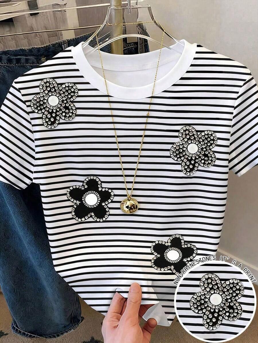 Camiseta de manga corta de cuello redondo casual con ribete de contraste para mujer, verano - Multicolor 6 - Ver 1