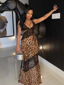 Vestido sirén con tirantes escote en V profundo estampado de leopardo y encaje combinado - Dorado - Ver 1