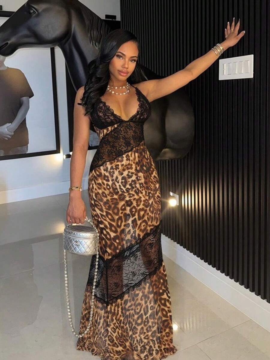 Vestido sirén con tirantes escote en V profundo estampado de leopardo y encaje combinado - Dorado - Ver 1