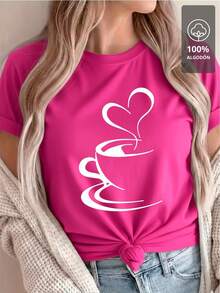 Camiseta de Algodón 100% con Estampado de Corazón de Café y Vapor Negro - Rosa Fucsia - Ver 7