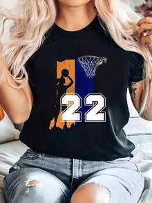 Camiseta De Baloncesto Con El Número 22, Camiseta Estampada, Camiseta Informal De Cuello Redondo De Manga Corta Cómoda Para Primavera Y Verano, Ropa De Mujer Summer Essentials,Summer Outfits For Women,Graphic Tees Blusas Para Mujer Camisa - Negro - Ver 1