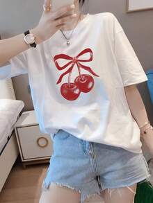 Camiseta de manga corta para mujer, diseño de verano, camiseta ajustada de manga corta con estampado de dibujos animados, camiseta pura de manga corta, top, camiseta interior #3333 - Blanco - Ver 4