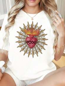 Camiseta de Mujer con Cuello Redondo y Mangas Cortas, Estampado Divertido de la Cruz del Sagrado Corazón, Camiseta Religiosa para Mujer, Diseño Espiritual Negro, Camiseta Gráfica de Moda, Ideal para el Día de San Valentín, Fiestas de Navidad, Actividades Deportivas, Fiestas de Vacaciones, Salidas, Deportes y Otros Regalos Festivos (220g). Blusas Para Mujer Camisa - Blanco - Ver 1