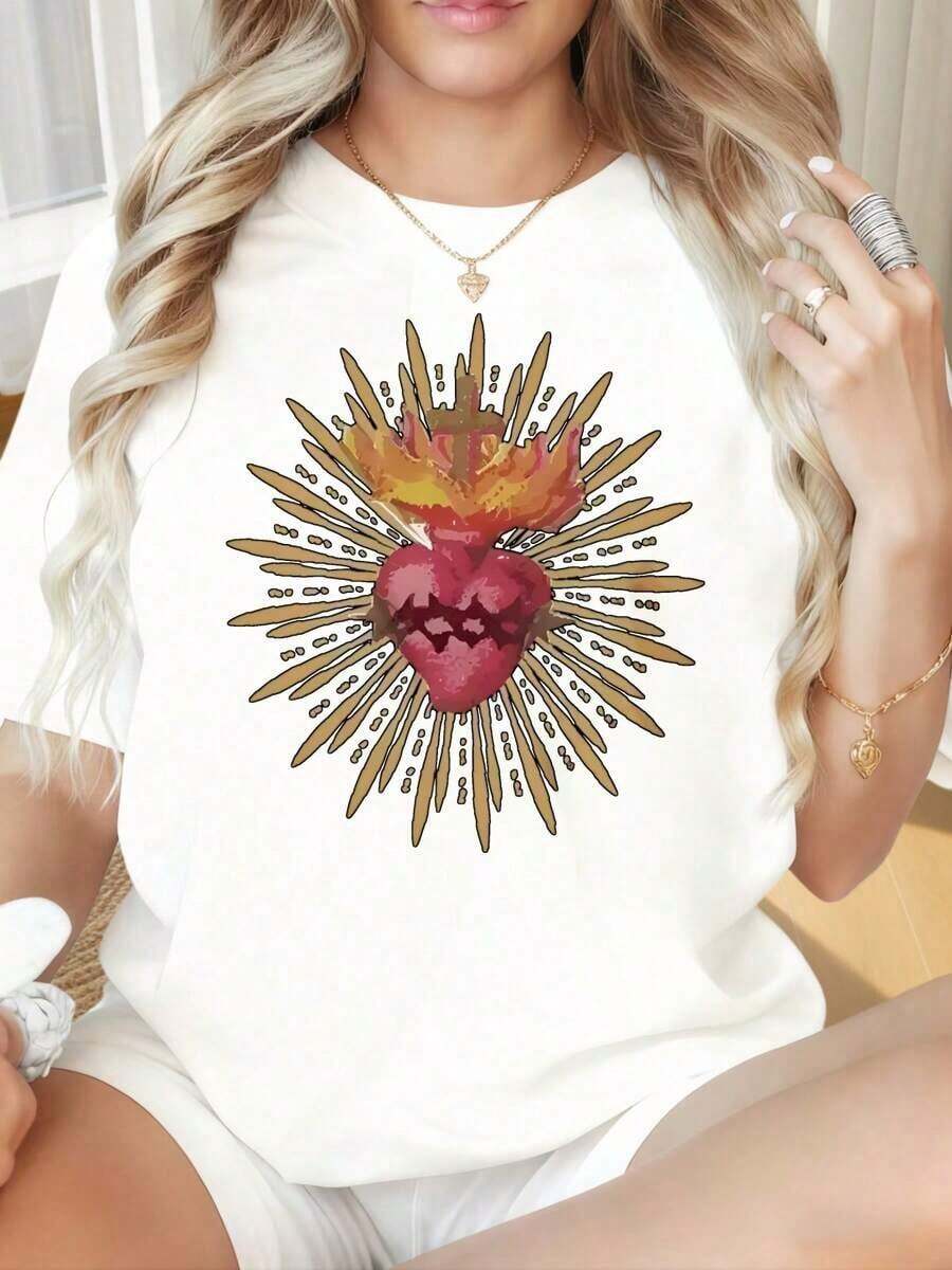 Camiseta de Mujer con Cuello Redondo y Mangas Cortas, Estampado Divertido de la Cruz del Sagrado Corazón, Camiseta Religiosa para Mujer, Diseño Espiritual Negro, Camiseta Gráfica de Moda, Ideal para el Día de San Valentín, Fiestas de Navidad, Actividades Deportivas, Fiestas de Vacaciones, Salidas, Deportes y Otros Regalos Festivos (220g). Blusas Para Mujer Camisa - Blanco - Ver 1