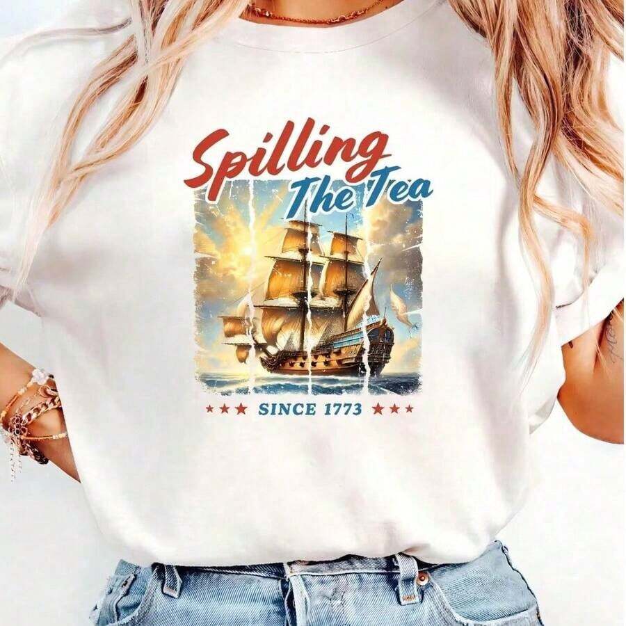 Spilling Tea Since 1773 Camisetas de Mujer con Estampado de Barco, Camisetas Gráficas Divertidas, Tops Casuales - Estilo Urbano Vintage, Unisex, de Algodón, Manga Corta, Cuello Redondo - Blanco - Ver 1