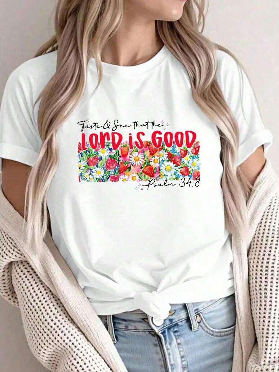 Camisetas con Patrón Cristiano para Mujer, Diseño Degusta y Observa Salmo 34:8, Estampado Floral de Fresas, Camisetas de Adoración, Ropa Diaria - Estilo Urbano Vintage, Unisex, Camiseta de Algodón de Manga Corta y Cuello Redondo - Blanco - Ver 1