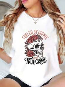 Women's Clothing: Casual Crew Neck T-Shirt With Skull And Rose Print Featuring The Phrase "Fueled By Coffee And True Crime," Short Sleeves, Regular Fit, Slightly Stretchy Fabric, Spring/Summer Top For Women, Perfect For Coffee Enthusiasts. | Skull Graphic T-Shirt | Slight Stretch Material Women's Shirts - 白色 - 查看 6