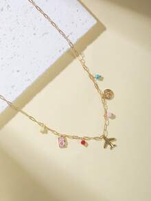 Nooxian 1pc Women's Necklace, Bohemian Beach Tassel Layered Style, Copper Zirconia Airplane Map Pink Camera Pendant, Dopamine Colorful Natural Stone Turquoise Beads Paperclip Chain Necklace, Daily Accessory Gift - Yellow Gold - View 6
