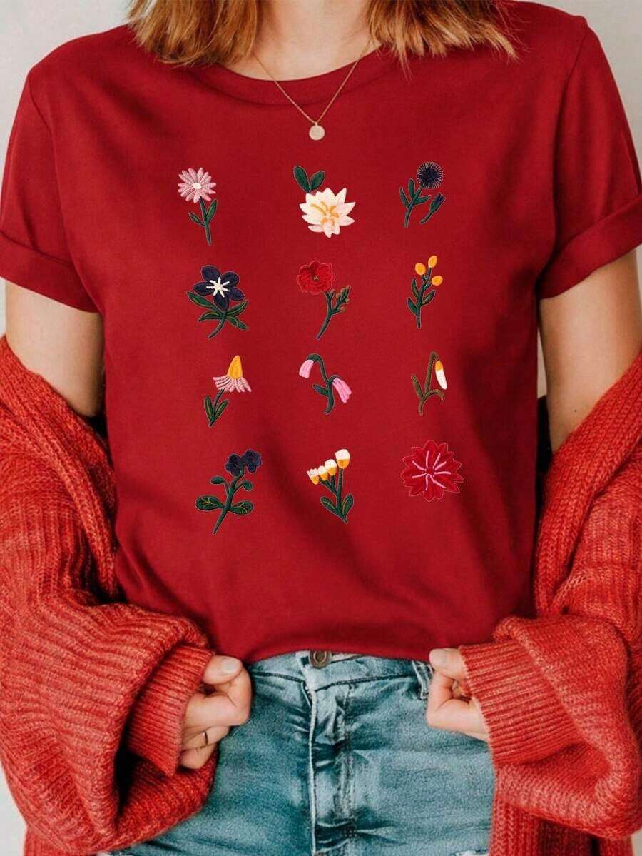 Camiseta para mujer 100% algodón con textura suave y cómoda, cuello redondo y manga corta ideal para toda ocasión playera con estampado de imitación de flores bordadas Otoño invierno primavera verano - Rojo - Ver 1
