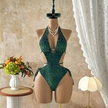 Bañador Sexy para Mujer 2026, Estampado de Leopardo con Diseño Cut-Out y Cordones, Estilo Playa - z26013 Azul - Ver 7