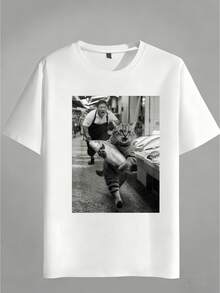 1 camiseta de hombre, estampada con un divertido diseño de un gato robando un pez, camiseta casual para hombre, adecuada para uso informal. - Blanco - Ver 8